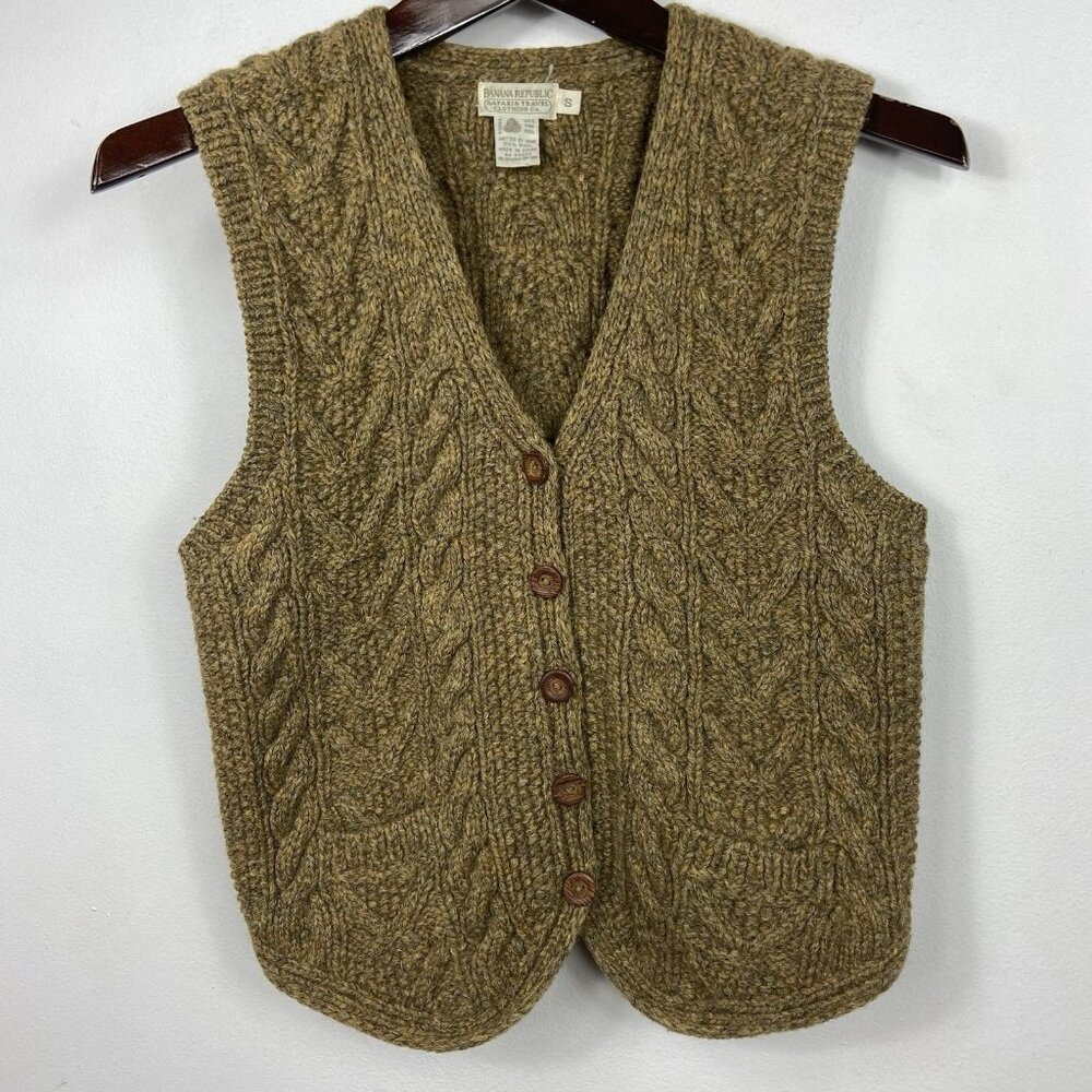 Vtg Banana Republic 100% Wool Cable Knit Pocket Sweater Vest Sz S Olive Green
